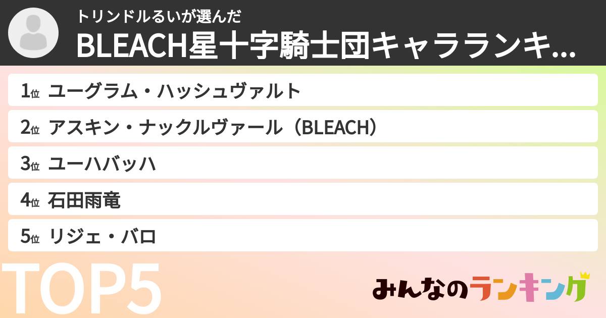トリンドルるいさんの「BLEACH星十字騎士団キャラランキング」