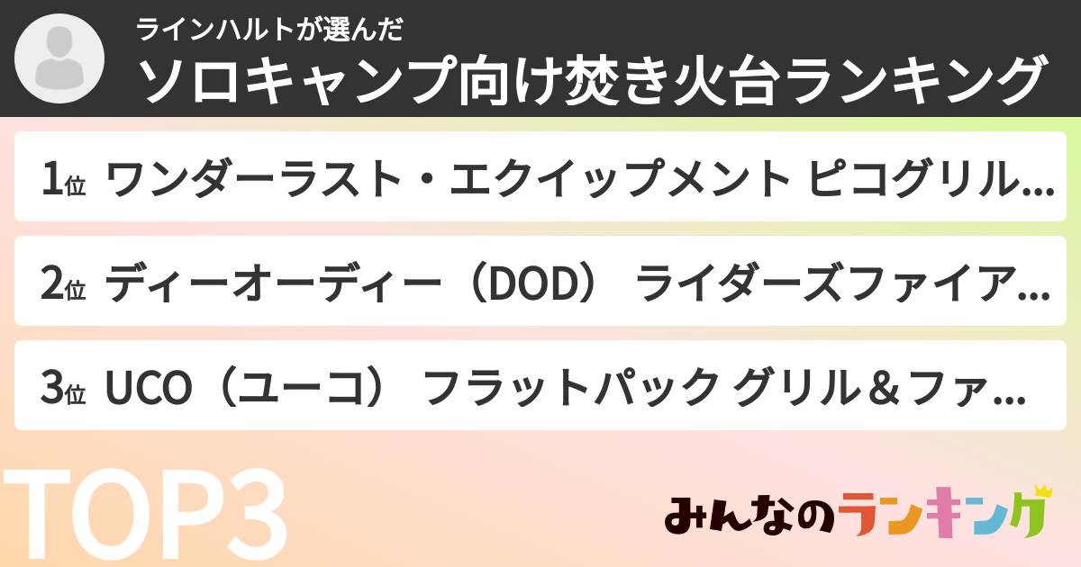 ラインハルトさんの「ソロキャンプ向け焚き火台ランキング」