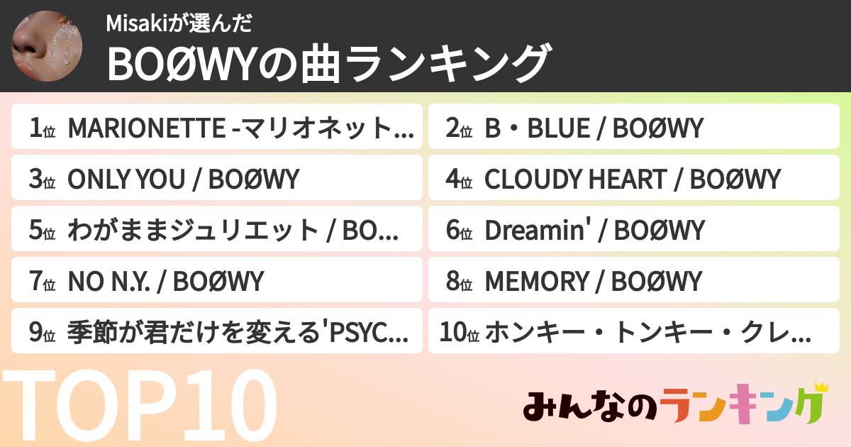 Misakiさんの「BOØWYの曲ランキング」