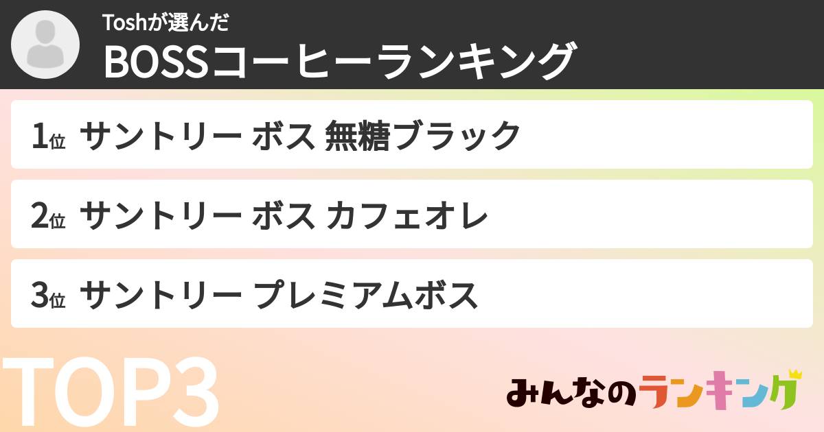 Toshさんの「BOSSコーヒーランキング」