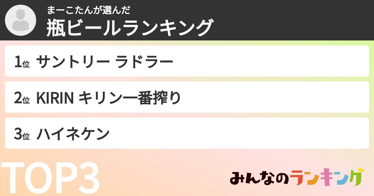 まーこたんさんの「瓶ビールランキング」