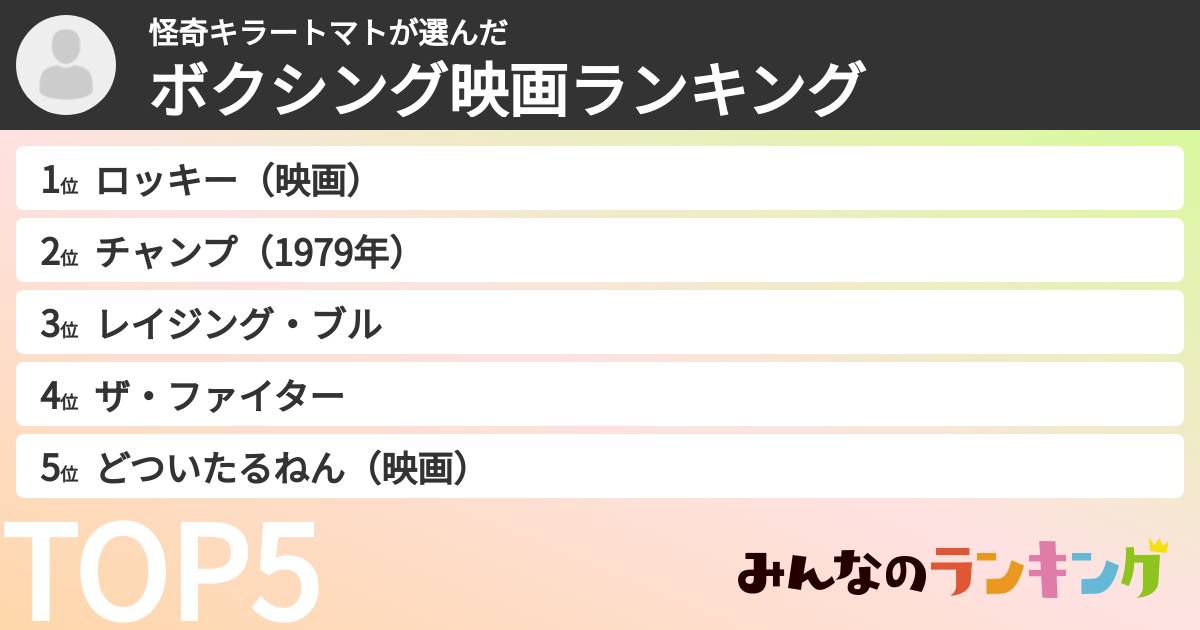 怪奇キラートマトさんの「ボクシング映画ランキング」
