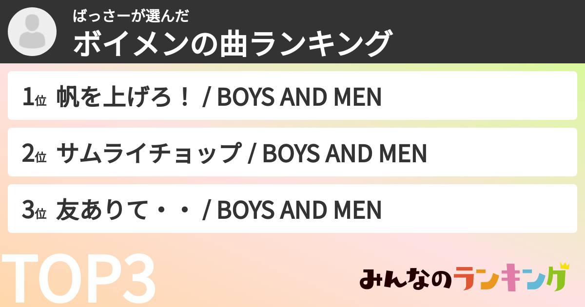 ばっさーさんの「ボイメンの曲ランキング」
