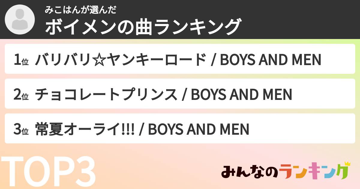 みこはんさんの「ボイメンの曲ランキング」