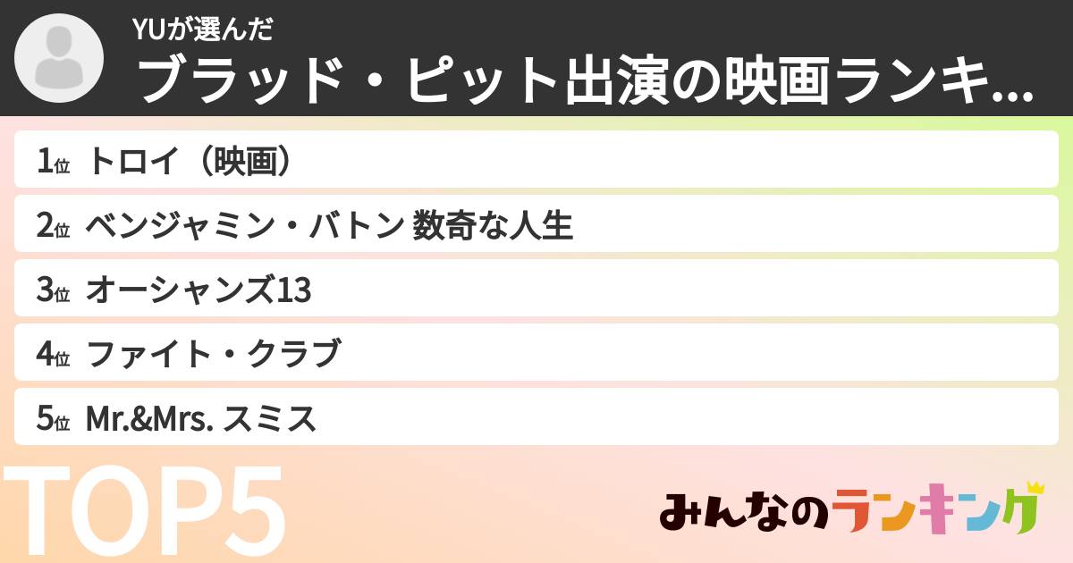 YUさんの「ブラッド・ピット出演の映画ランキング」