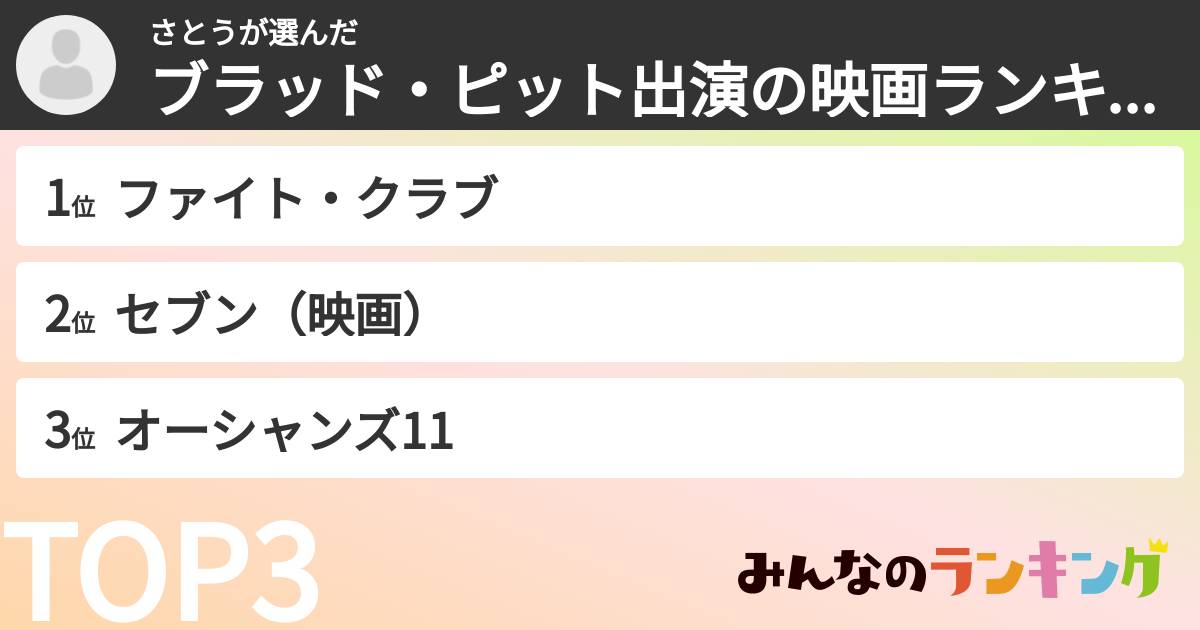 さとうさんの「ブラッド・ピット出演の映画ランキング」