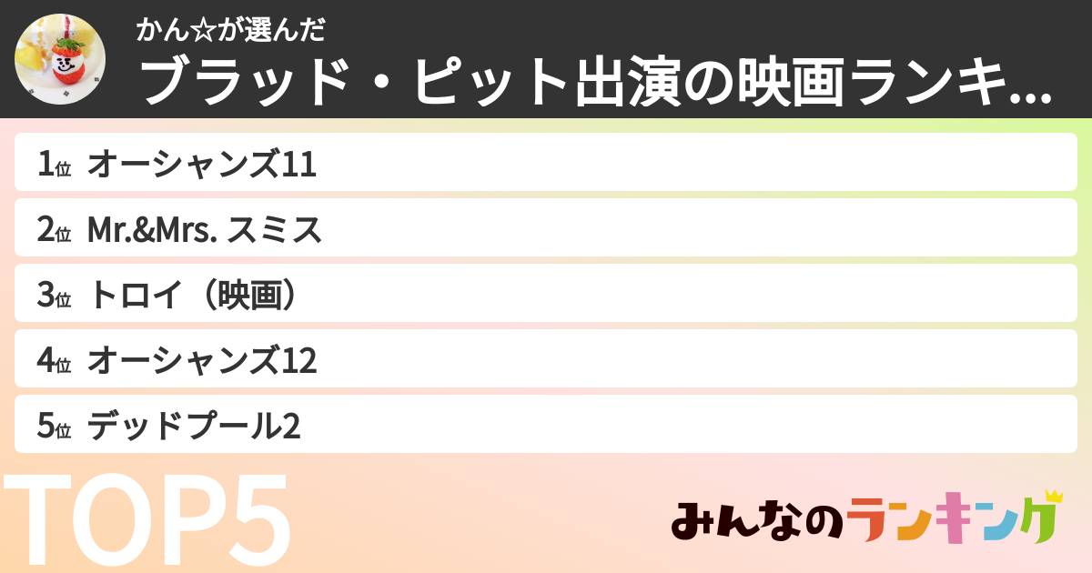 かん☆さんの「ブラッド・ピット出演の映画ランキング」