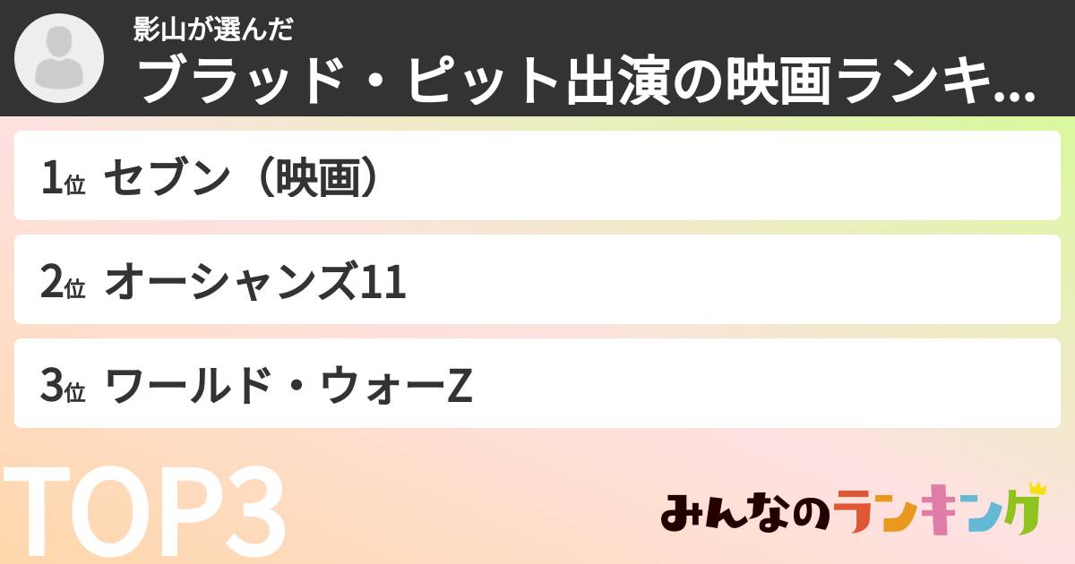 影山さんの「ブラッド・ピット出演の映画ランキング」