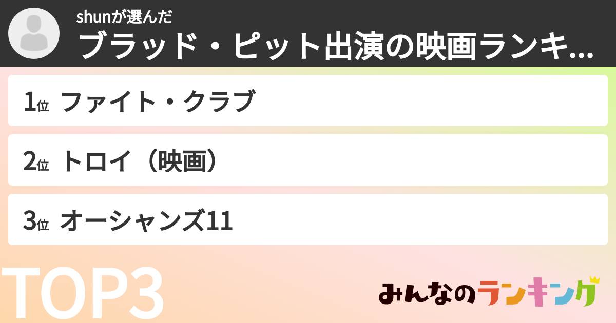 shunさんの「ブラッド・ピット出演の映画ランキング」