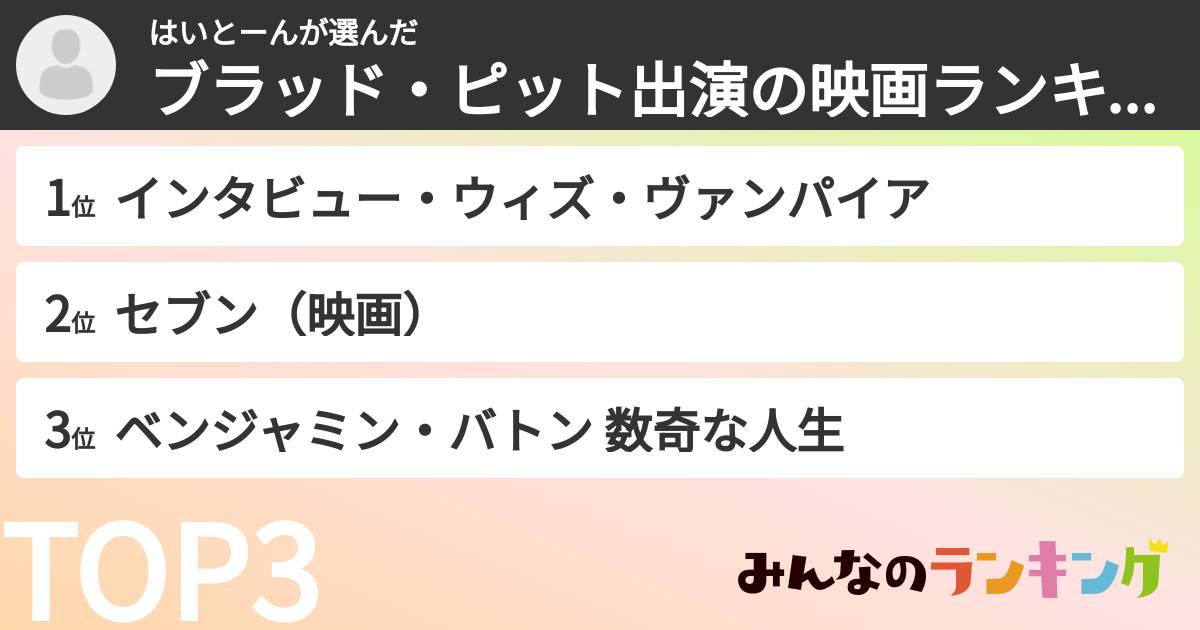 はいとーんさんの「ブラッド・ピット出演の映画ランキング」
