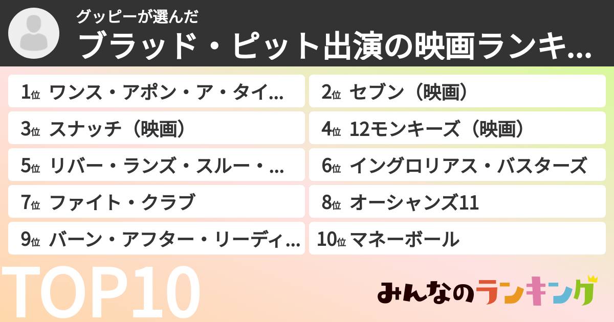 グッピーさんの「ブラッド・ピット出演の映画ランキング」