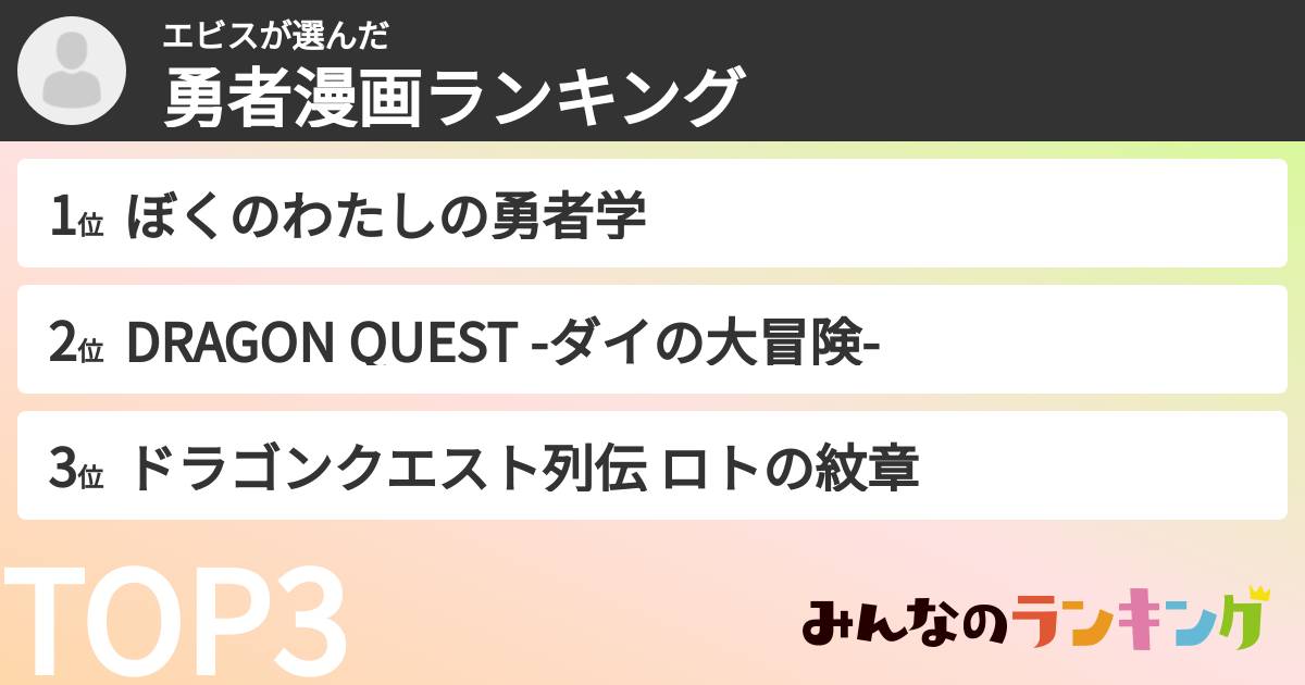 エビスさんの「勇者漫画ランキング」