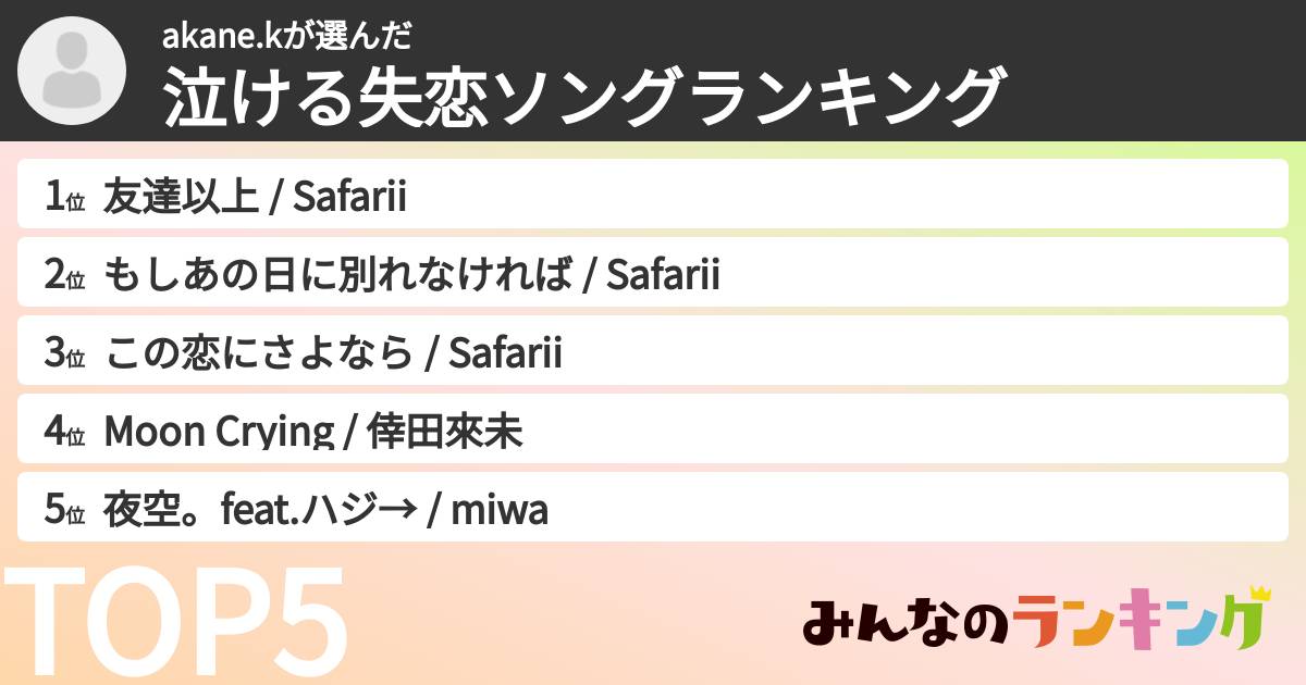 akane.kさんの「泣ける失恋ソングランキング」