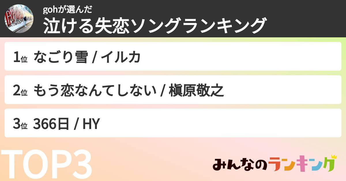 gohさんの「泣ける失恋ソングランキング」