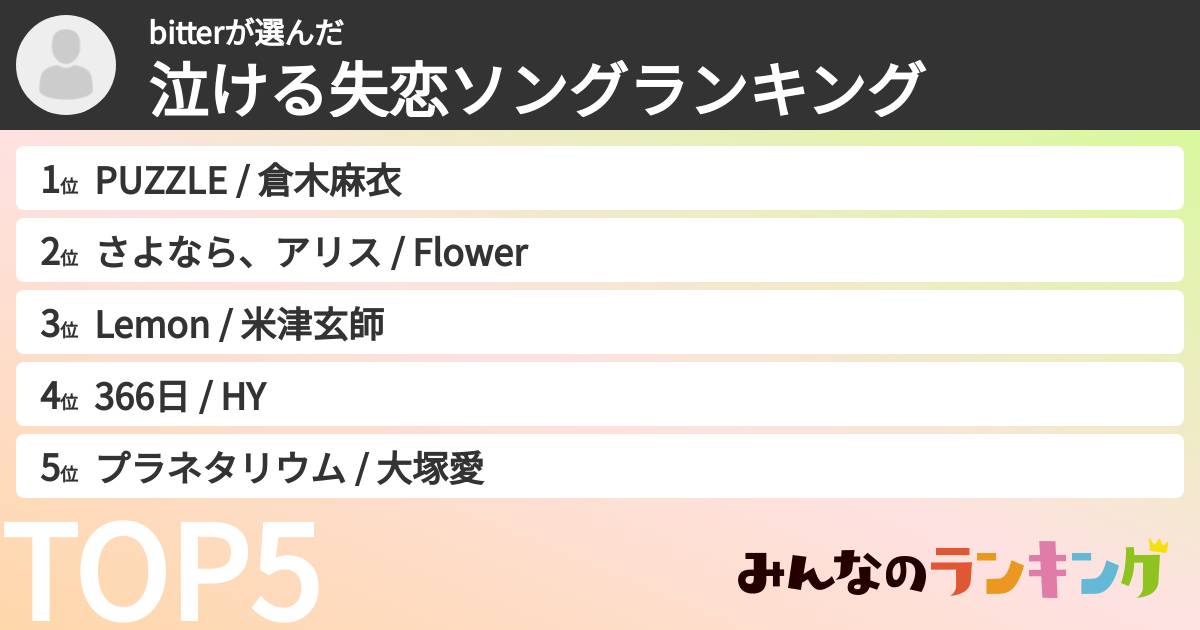 bitterさんの「泣ける失恋ソングランキング」