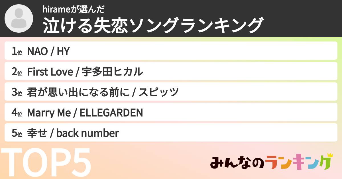 hirameさんの「泣ける失恋ソングランキング」