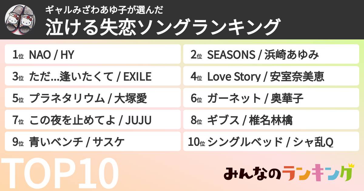 ギャルみざわあゆ子さんの「泣ける失恋ソングランキング」