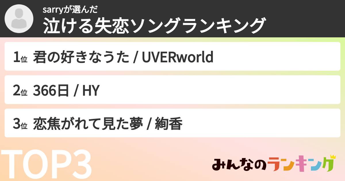 sarryさんの「泣ける失恋ソングランキング」