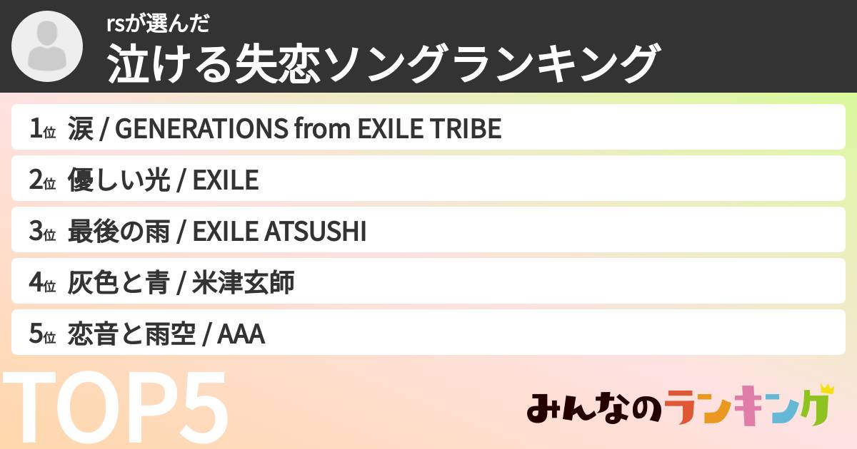 rsさんの「泣ける失恋ソングランキング」