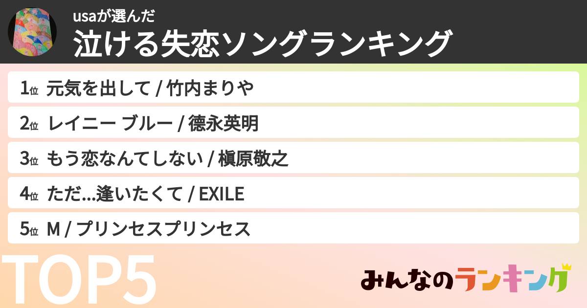 usaさんの「泣ける失恋ソングランキング」