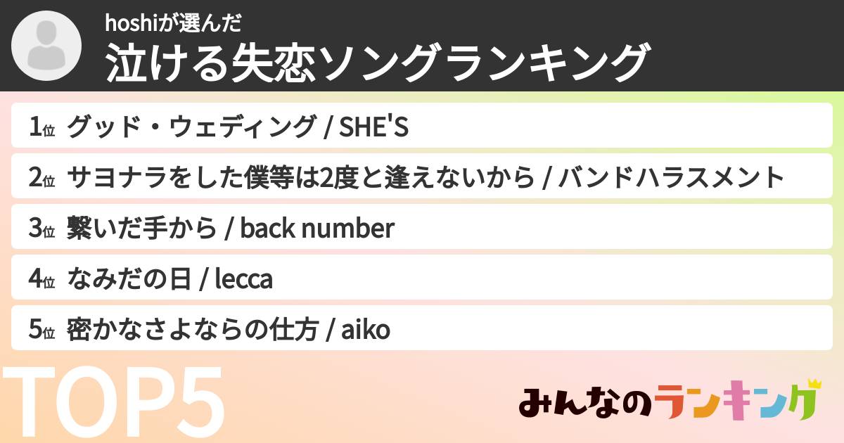hoshiさんの「泣ける失恋ソングランキング」
