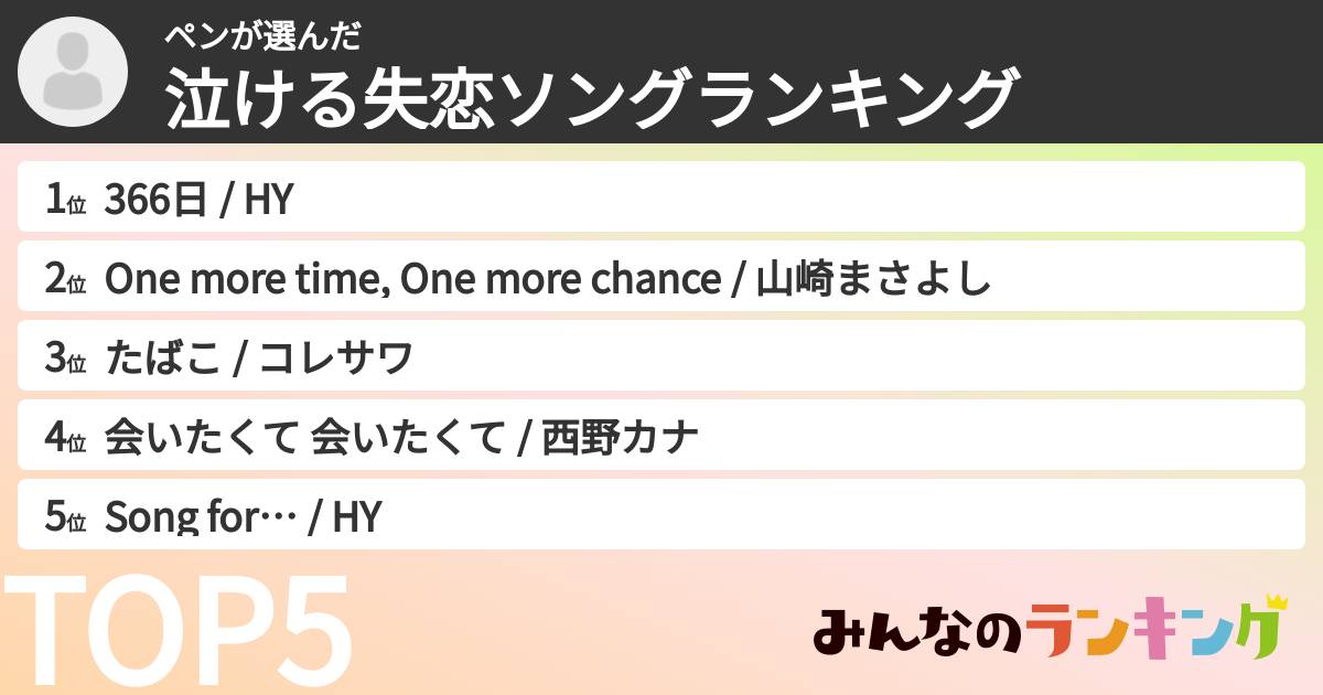 ペンさんの「泣ける失恋ソングランキング」