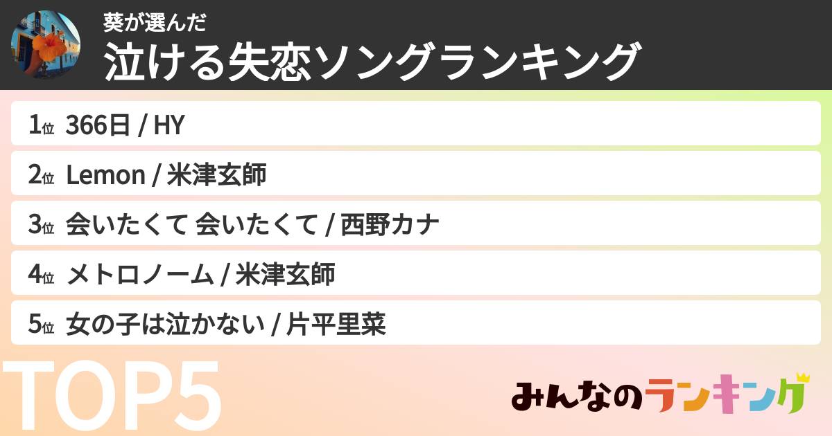 葵さんの「泣ける失恋ソングランキング」