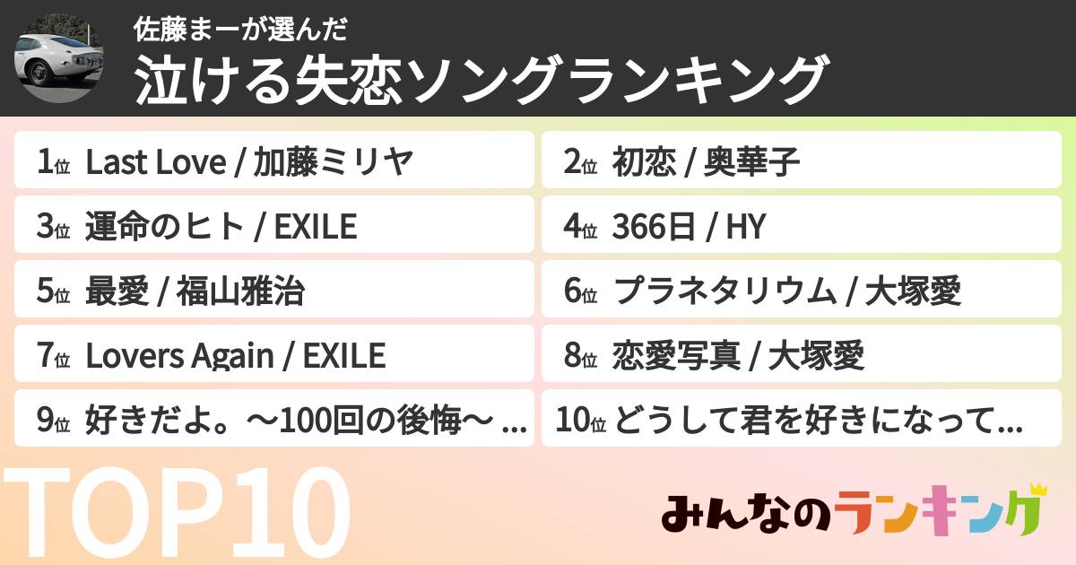 佐藤まーさんの「泣ける失恋ソングランキング」
