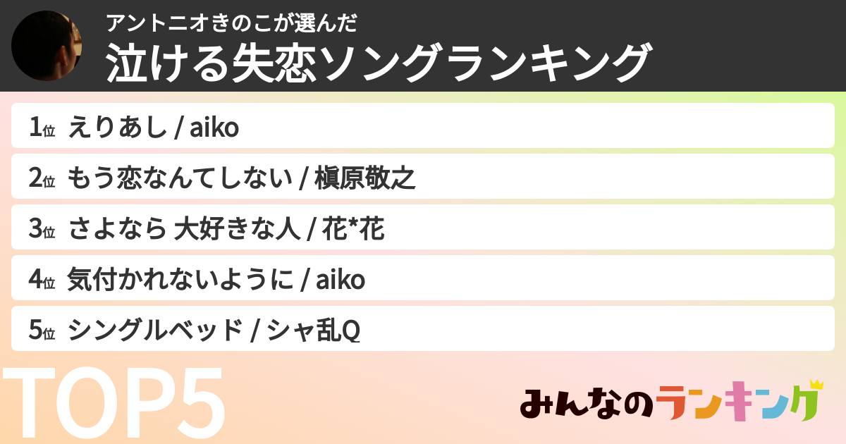 アントニオきのこさんの「泣ける失恋ソングランキング」