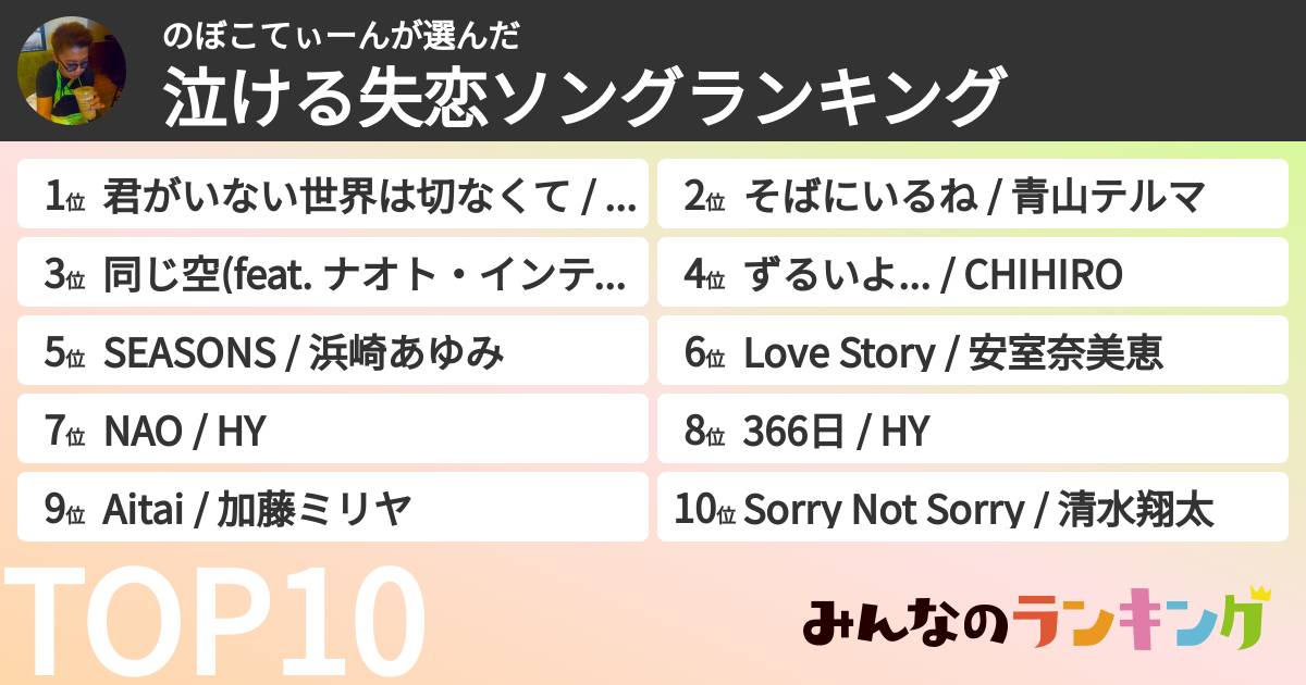 のぼこてぃーんさんの「泣ける失恋ソングランキング」