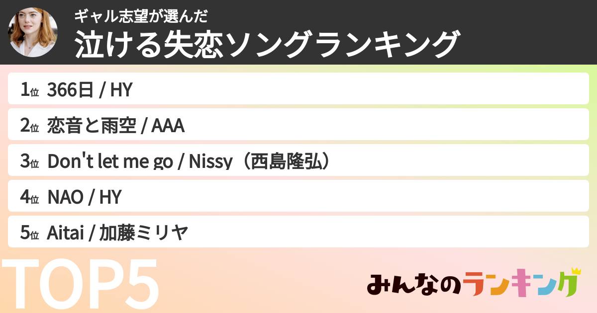 ギャル志望さんの「泣ける失恋ソングランキング」