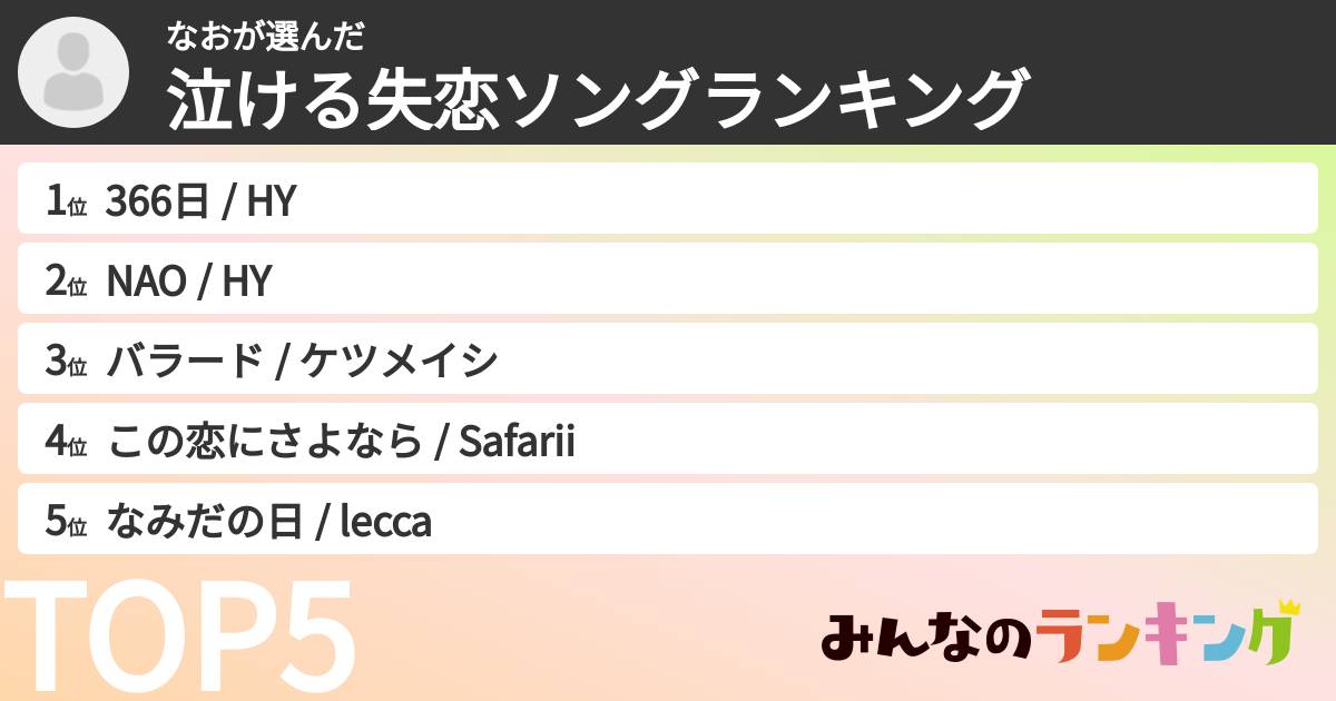 なおさんの「泣ける失恋ソングランキング」