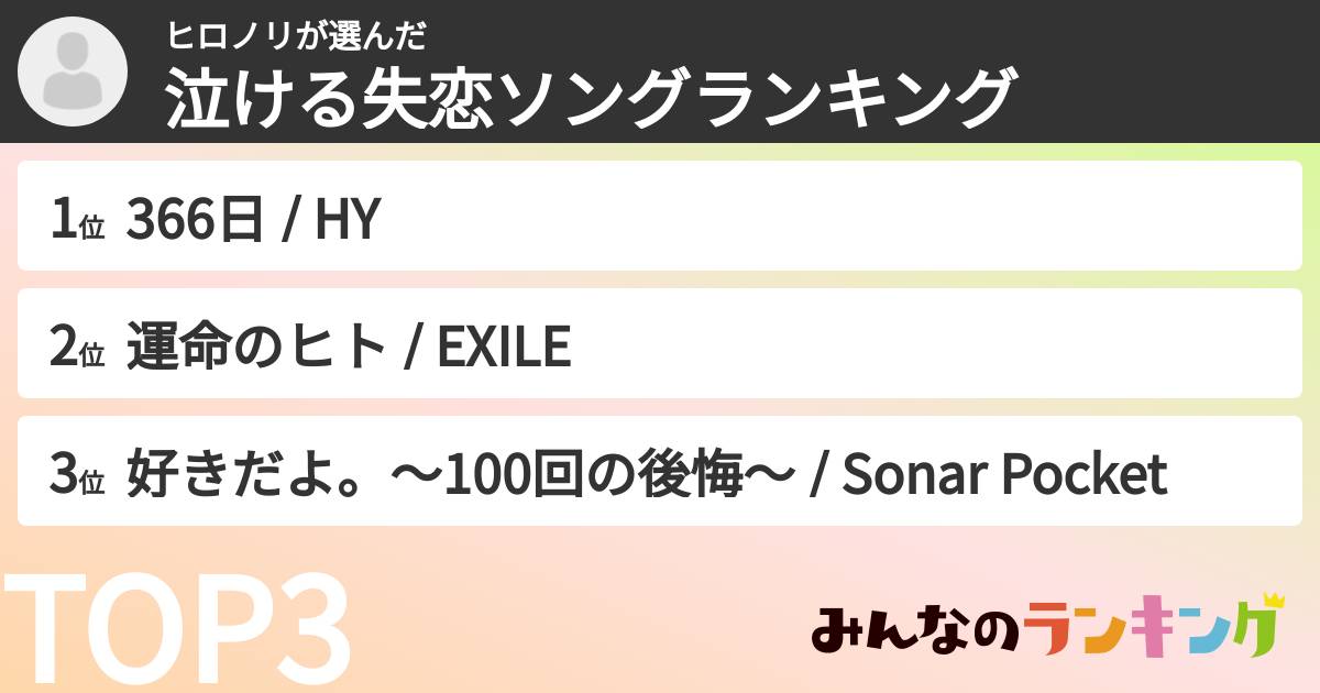 ヒロノリさんの「泣ける失恋ソングランキング」