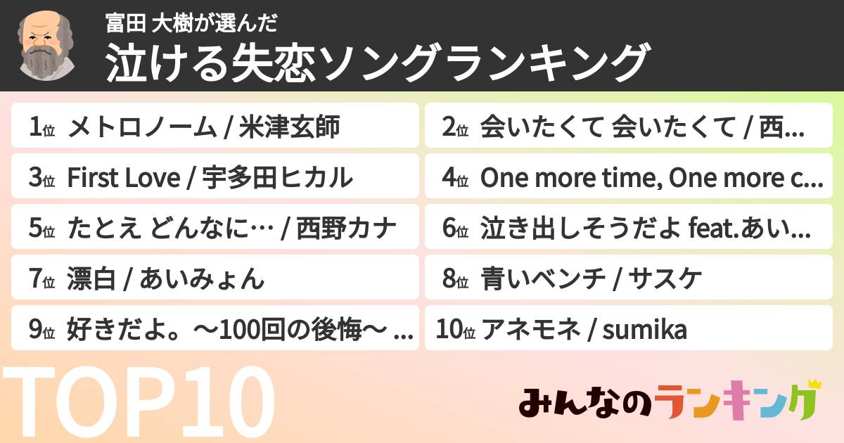 富田 大樹さんの「泣ける失恋ソングランキング」