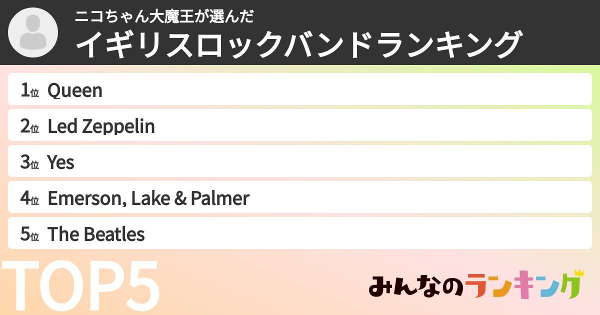ニコちゃん大魔王さんの「イギリスロックバンドランキング」