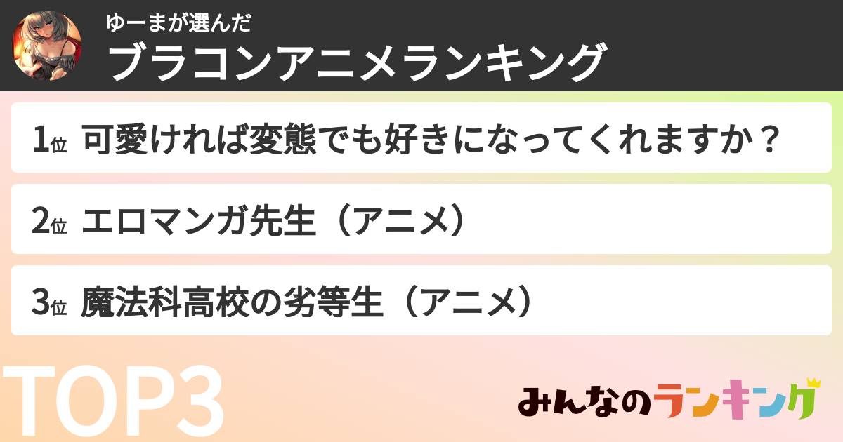 ゆーまさんの「ブラコンアニメランキング」