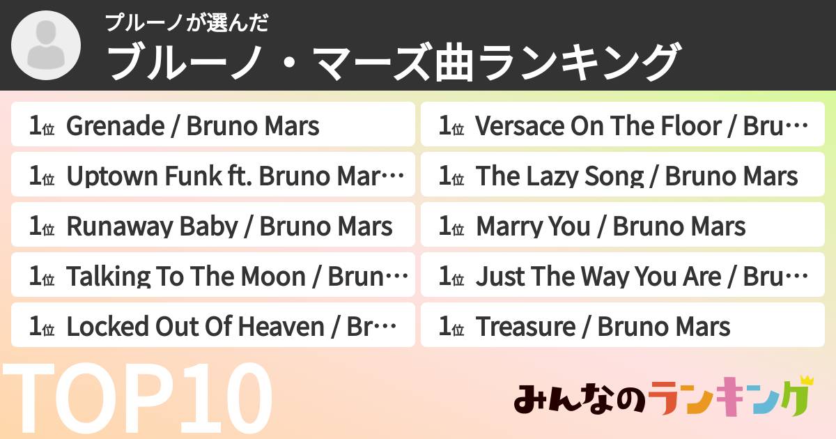 プルーノさんの「ブルーノ・マーズ曲ランキング」