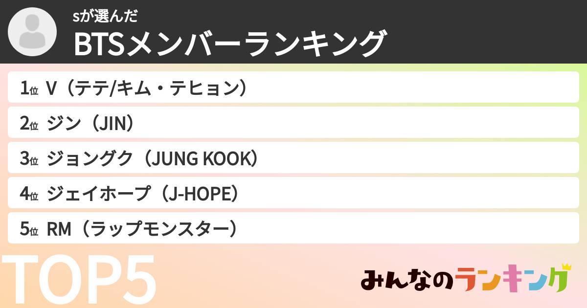 sさんの「BTSメンバーランキング」
