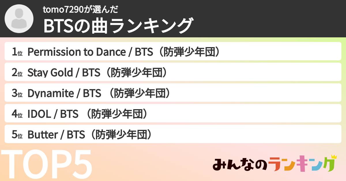 tomo7290さんの「BTSの曲ランキング」