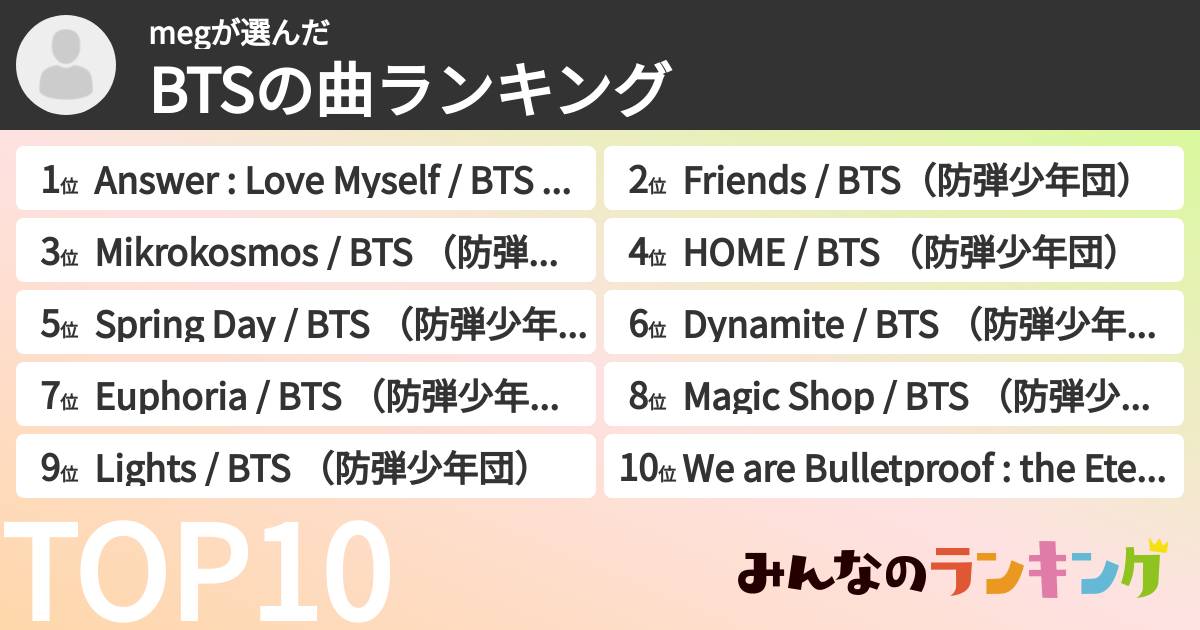 megさんの「BTSの曲ランキング」