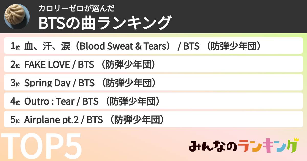 カロリーゼロさんの「BTSの曲ランキング」