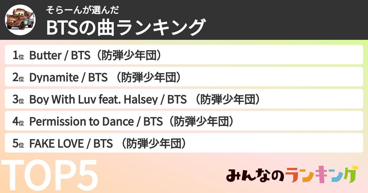 そらーんさんの「BTSの曲ランキング」