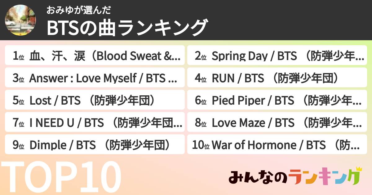 おみゆさんの「BTSの曲ランキング」