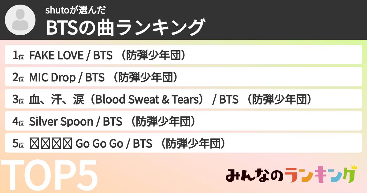 shutoさんの「BTSの曲ランキング」