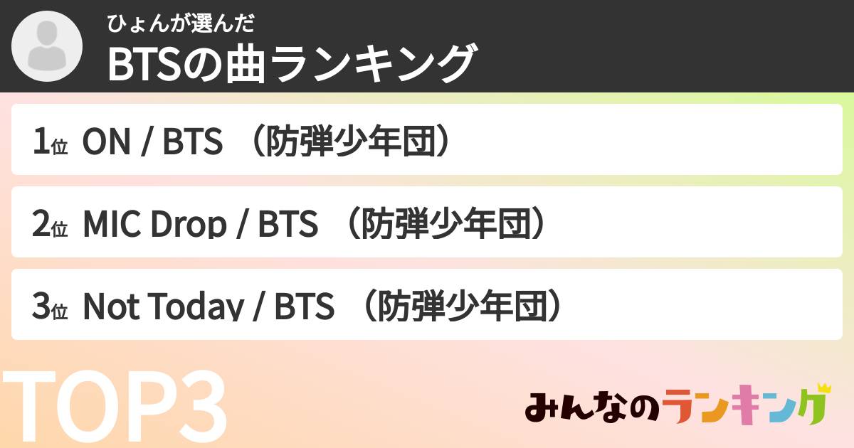 ひょんさんの「BTSの曲ランキング」