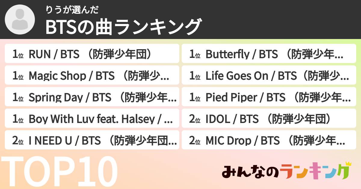 りうさんの「BTSの曲ランキング」