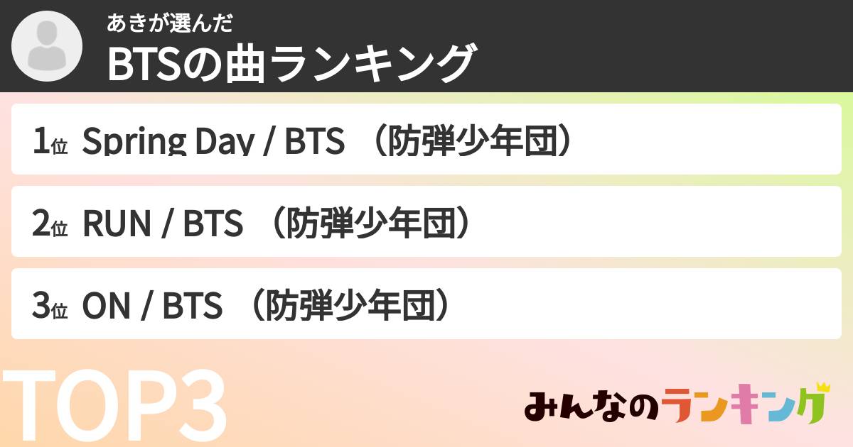 あきさんの「BTSの曲ランキング」