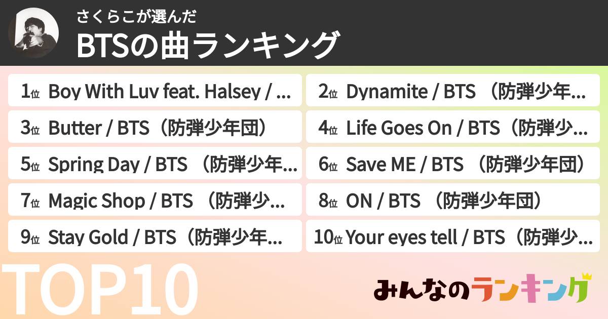 さくらこさんの「BTSの曲ランキング」