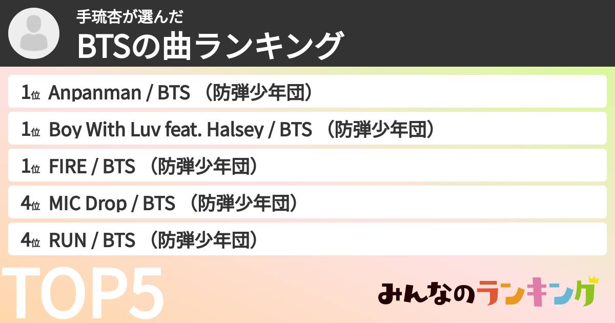 手琉杏さんの「BTSの曲ランキング」