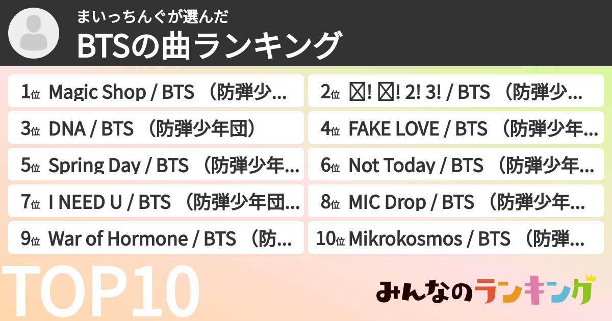 まいっちんぐさんの「BTSの曲ランキング」